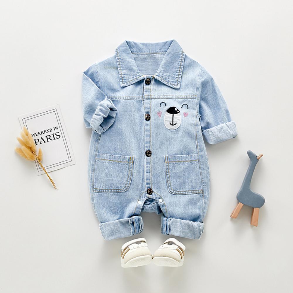 Baby Boys Autumn Cartoon Cute Soft Denim Jumpsuit Babywear Wholesale