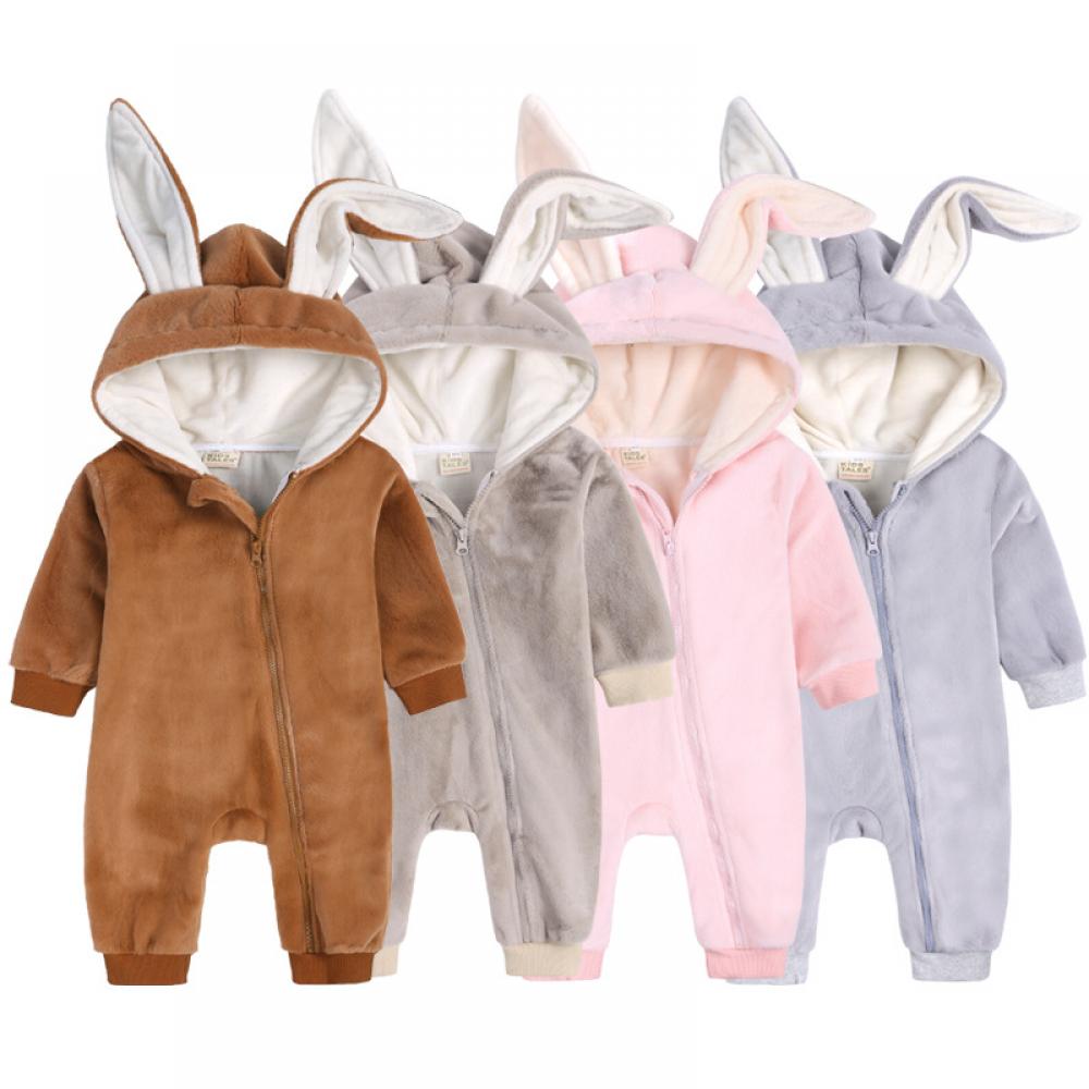 Newborn Baby Girl Winter Jumpsuit Thick and Fluffy  Rabbit Ears Romper Baby Ruffle Rompers Wholesale