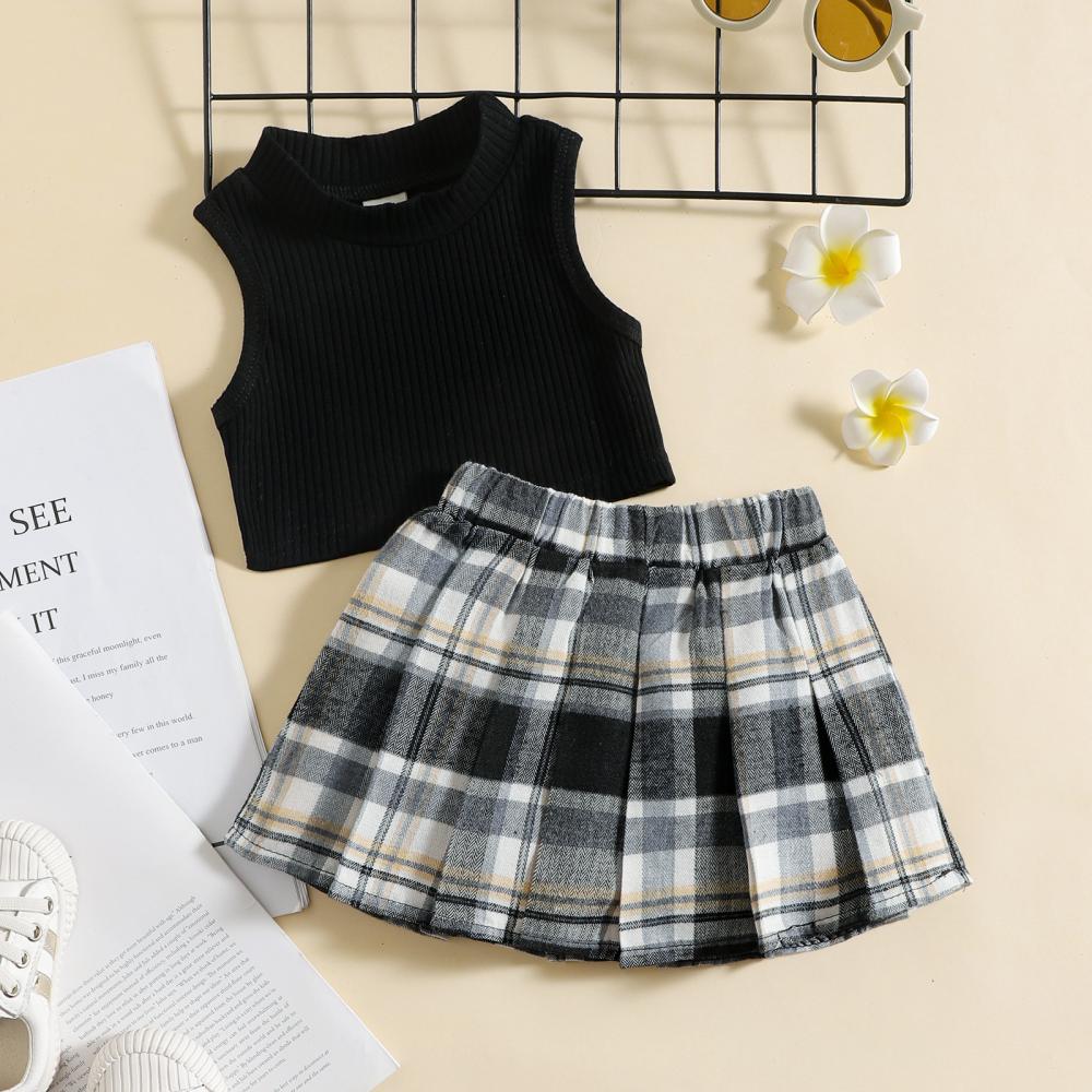 Toddler Girls Children's Clothing 2022 New Solid Color Vest Plaid Skirt Two-Piece Suit Wholesale Kids Clothing