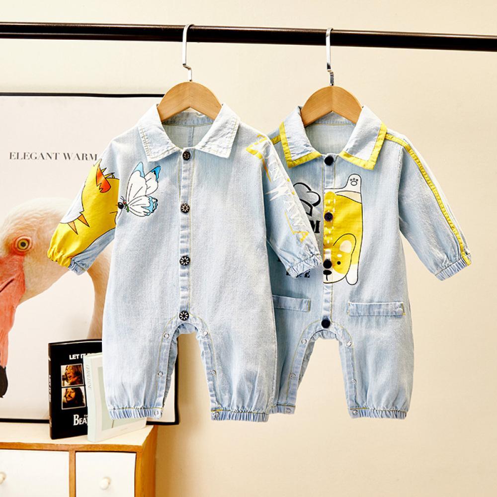 Baby Boys Autumn Cartoon Cute Soft Denim Jumpsuit Babywear Wholesale