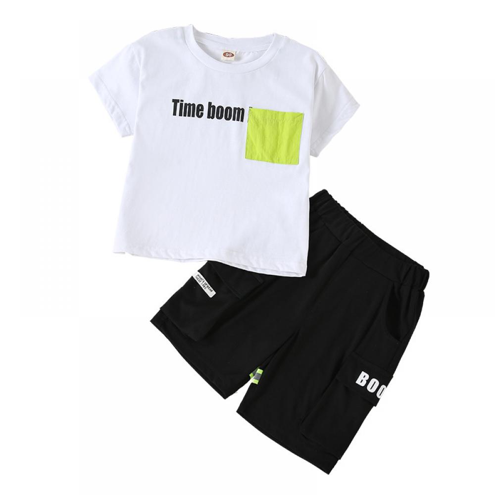 Boys' Lettered Print Crew Neck Short Sleeve Solid T-shirt & Shorts Wholesale Boys Clothing