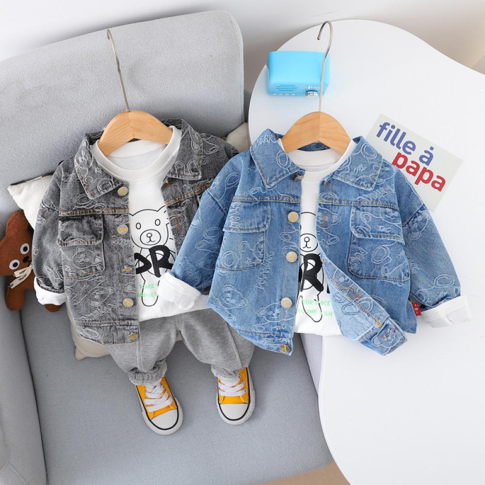 Baby Boys Spring/Autumn Long-sleeve Bear Printed Denim Coat Set Baby Wholesales