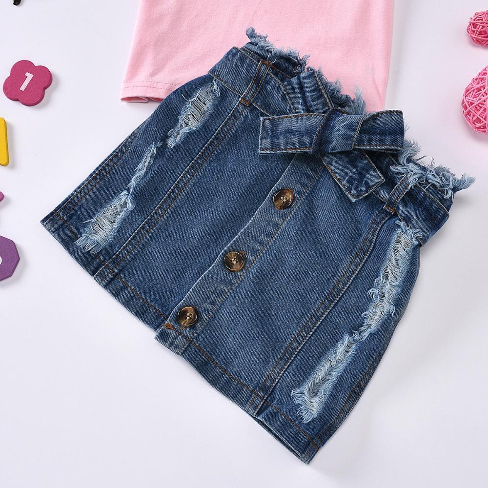 Girls Summer Girls' Letter Printed Round Neck Short Sleeve T-Shirt & Denim Skirt Wholesale Little Girl Boutique Clothing