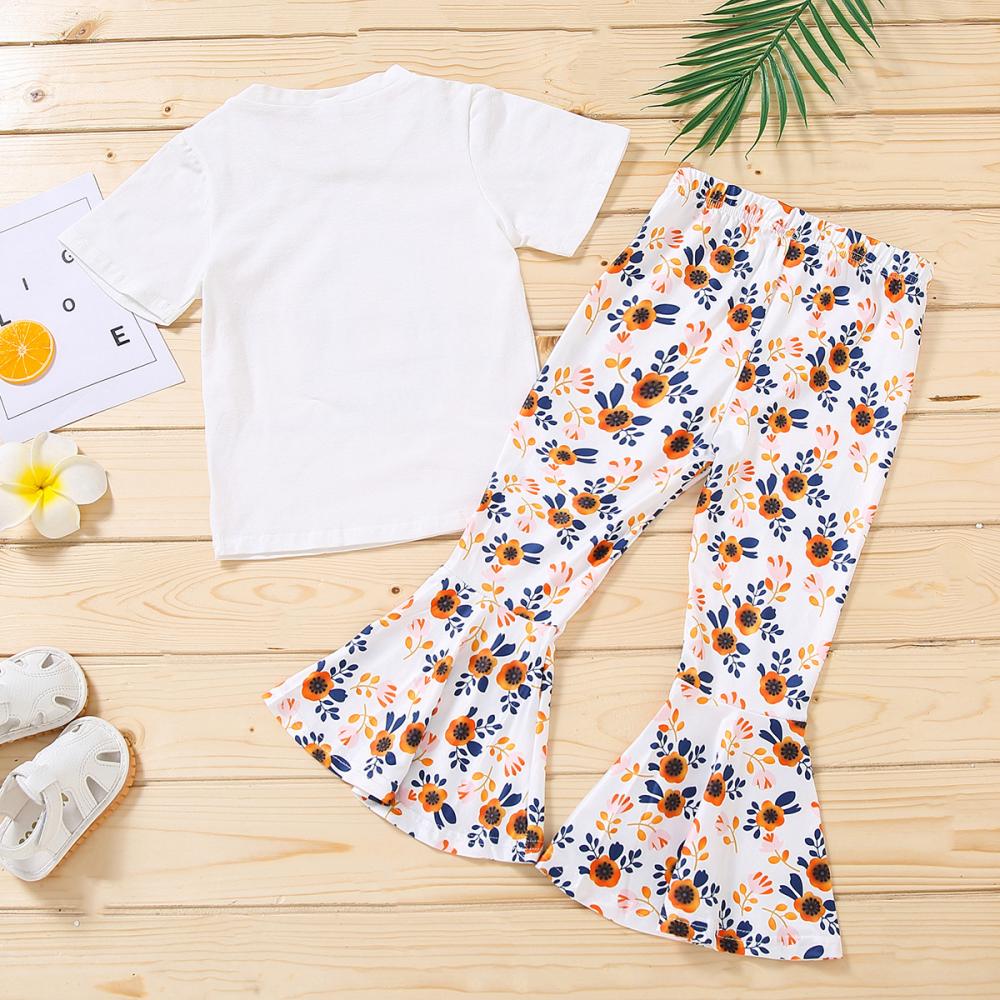 Toddler Girl Hot Selling Alphabet Print Girls Baby Short Sleeves and Flower Print Flared Pants Kids Suit Wholesale Kids Clothing
