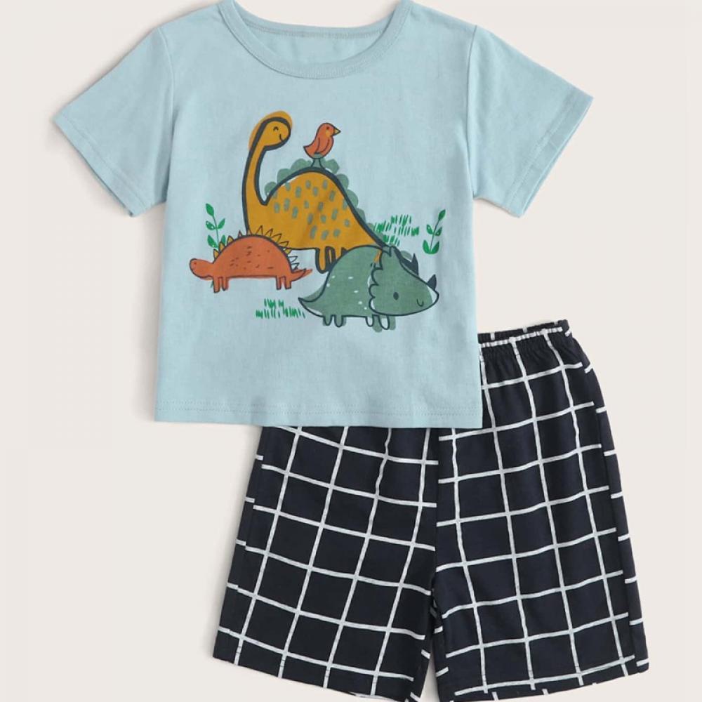 Boys' Dinosaur Print Round Neck Short Sleeve T-shirt & Plaid Shorts Wholesale Boy Clothes