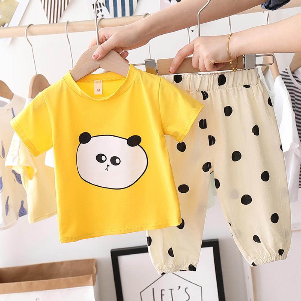 Bosy Summer Boys' Panda Print Round Neck Short Sleeve T-Shirt & Dot Print Pants Wholesale Boys Clothing