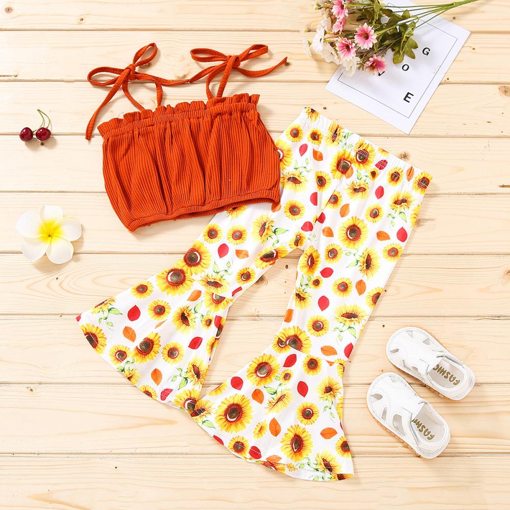 Summer Hot-selling Girls Camisole and Sunflower Full Print Flared Two-Piece Set Wholesale Kids Clothing