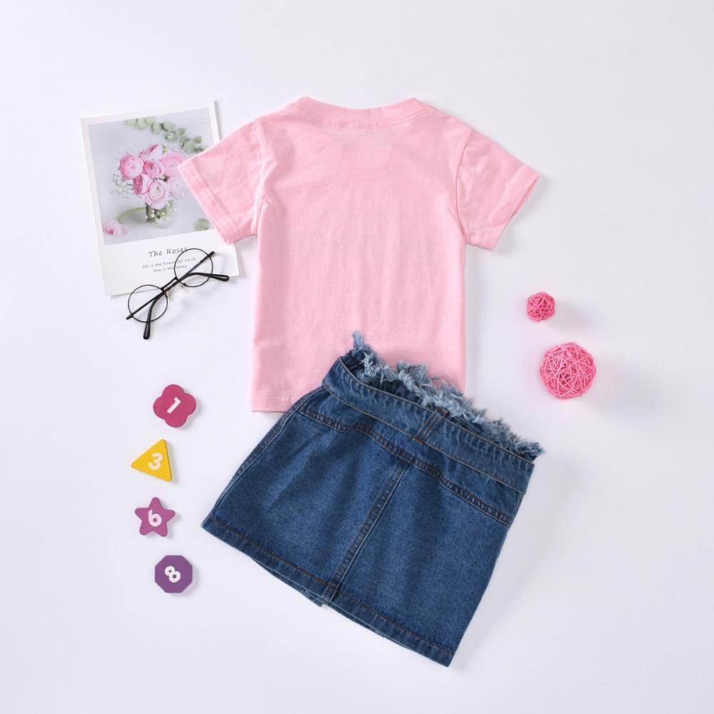 Girls Summer Girls' Letter Printed Round Neck Short Sleeve T-Shirt & Denim Skirt Wholesale Little Girl Boutique Clothing