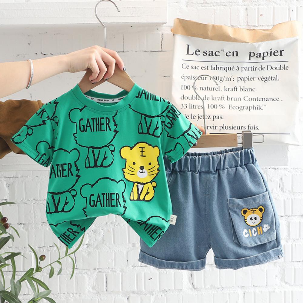 Children's Summer Clothes 2022 Summer New Boys' Full-Print Round Neck Short-sleeved Suit  Casual Shorts Two-Piece Suit Wholesale Kids Clothes