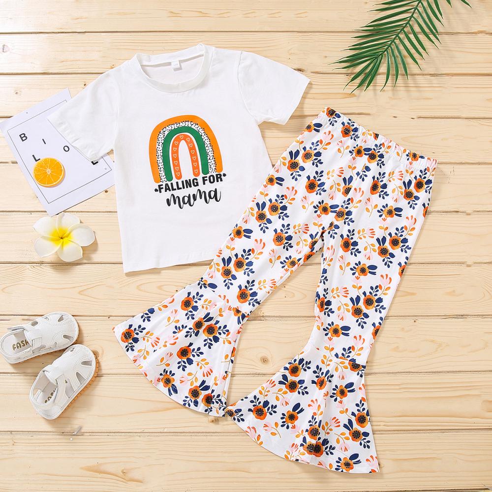 Toddler Girl Hot Selling Alphabet Print Girls Baby Short Sleeves and Flower Print Flared Pants Kids Suit Wholesale Kids Clothing
