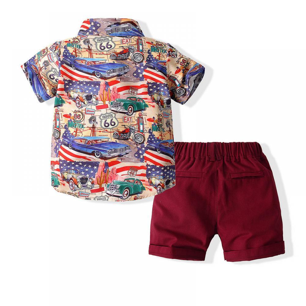 Boys Summer Boys' Cartoon Car Printed Short Sleeve Lapel Shirt & Solid Shorts Boys Clothes Wholesale