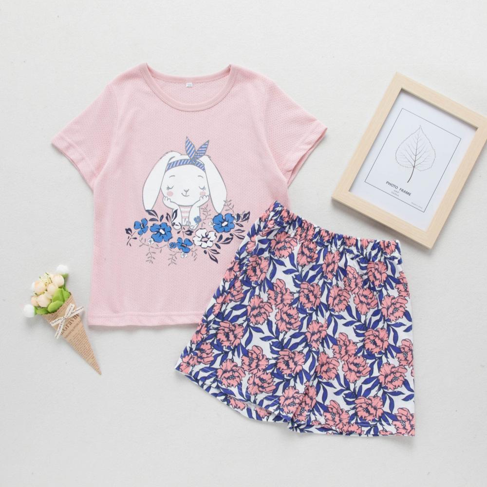 Girls Cartoon Rabbit Print Round Neck Short Ssleeve T-Shirt & Flower Print Skirt Toddler Girls Wholesale