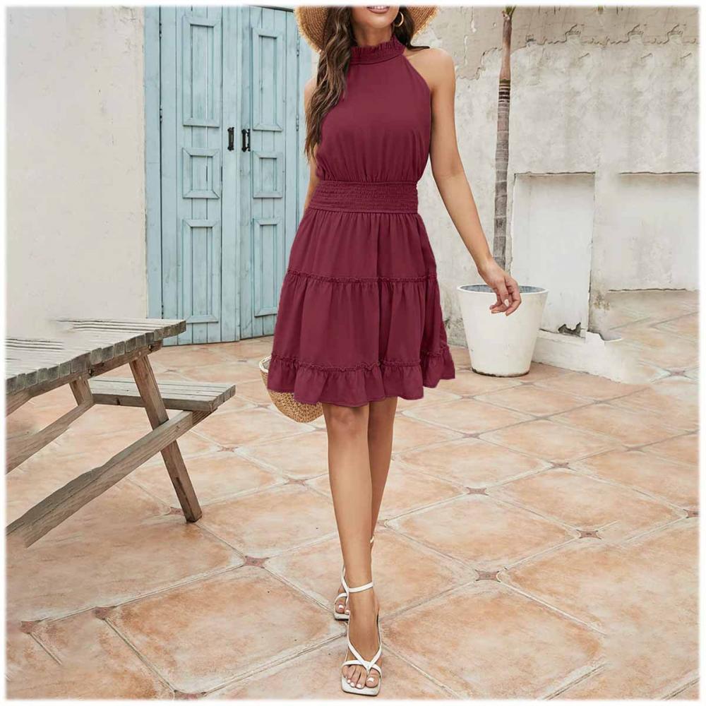 2022 Spring And Summer New Women's Dress Solid Color Sleeveless Halter Neck Pleated Dress Women Wholesale Women Dress