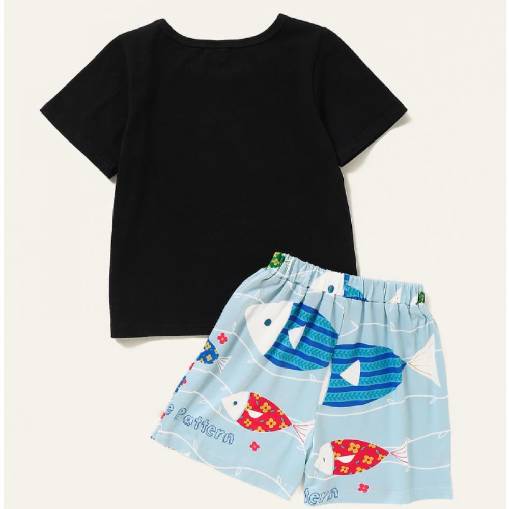 Boys Fish Print Crew Neck Short Sleeve T-shirt & Print Shorts Boys Clothes Wholesale