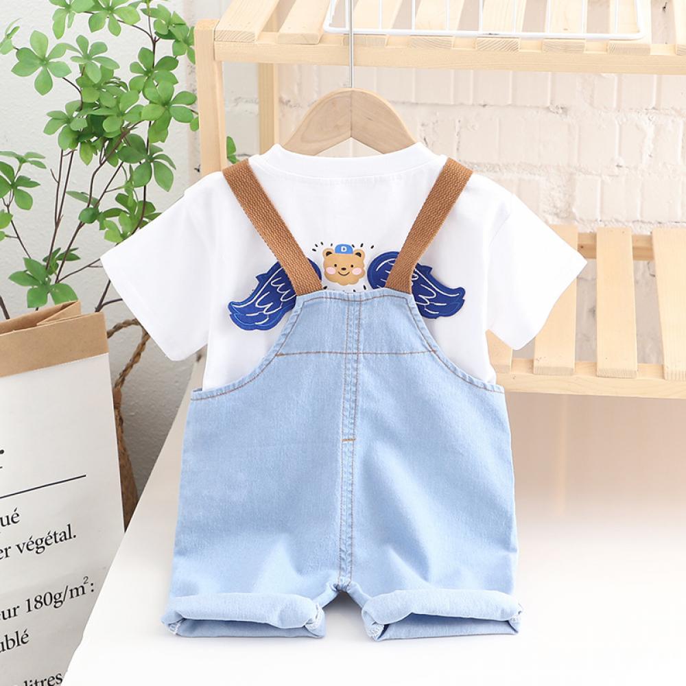 Baby Summer Clothes Summer 2022 New Korean Version Of children's Clothes 0-3 Y Cartoon Short-Sleeved Denim Overalls Two-Piece Set Wholesale Kids Clothing