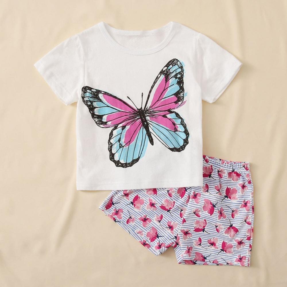 Girls Butterfly Print Round Neck Short Sleeve T-Shirt & Flower Print Shorts Baby Girl Clothes Wholesale