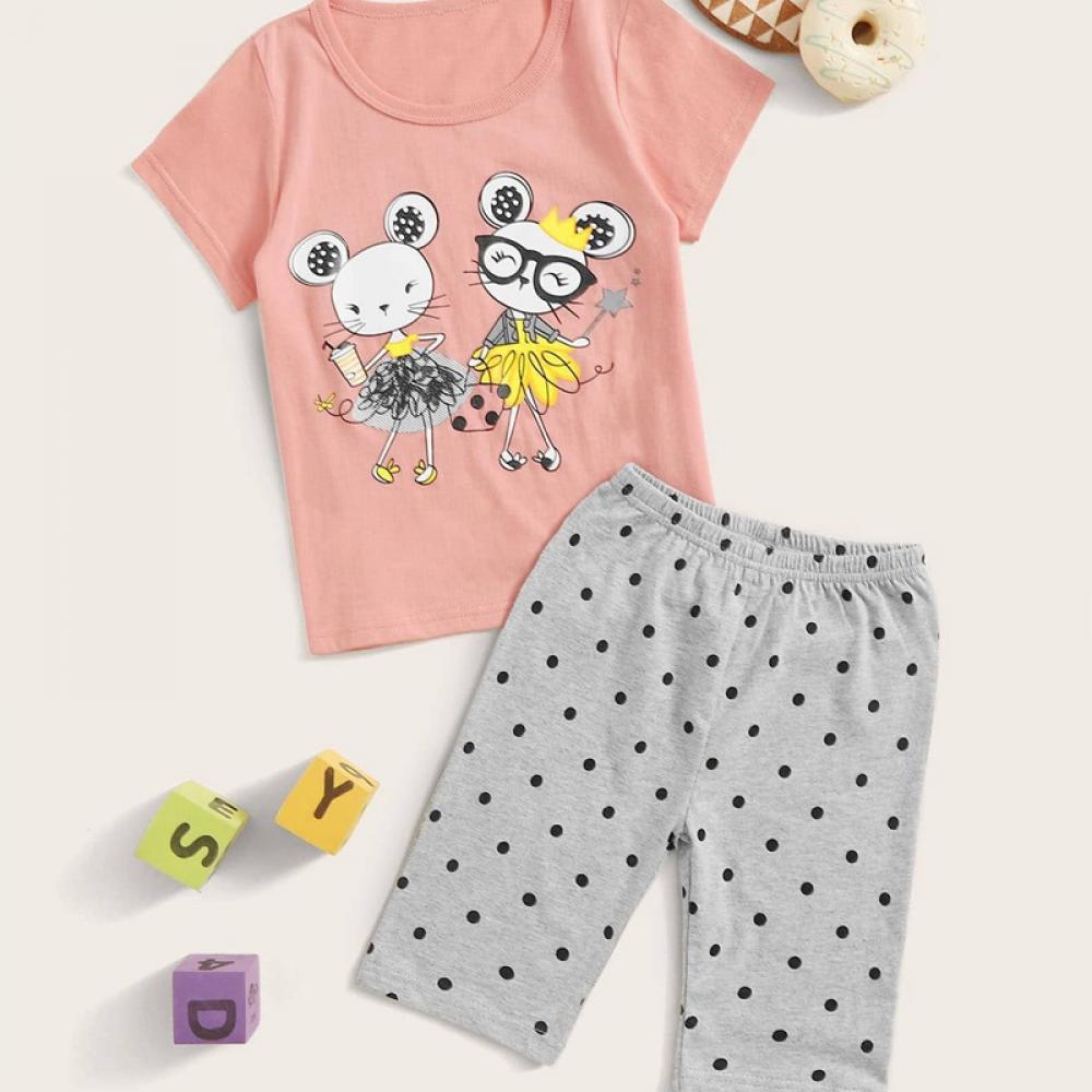 Girls Cartoon Animal Print Solid Round Neck Short Sleeve T-Shirt & Dot Print Pants Girls Boutique Clothes Wholesale