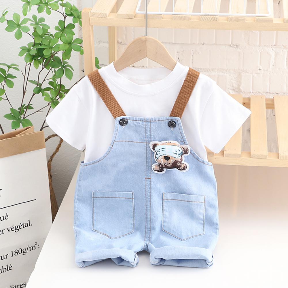 Baby Summer Clothes Summer 2022 New Korean Version Of children's Clothes 0-3 Y Cartoon Short-Sleeved Denim Overalls Two-Piece Set Wholesale Kids Clothing