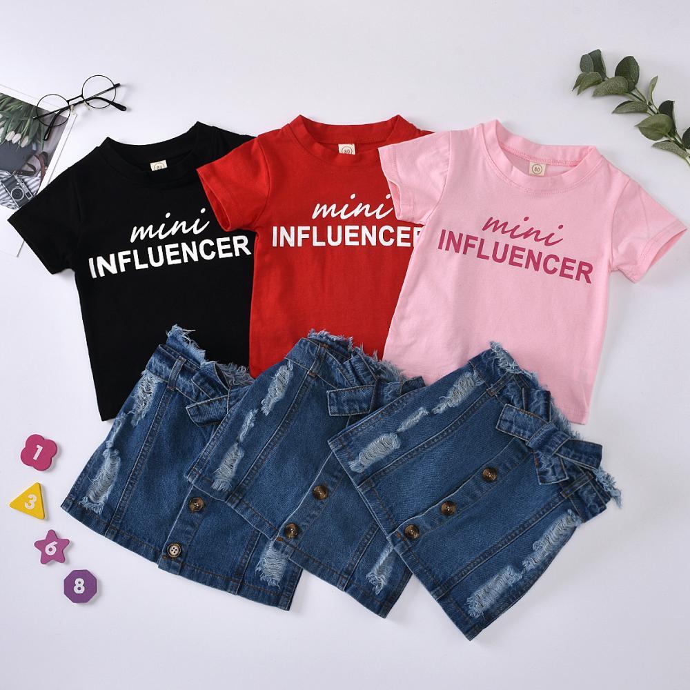 Girls Summer Girls' Letter Printed Round Neck Short Sleeve T-Shirt & Denim Skirt Wholesale Little Girl Boutique Clothing