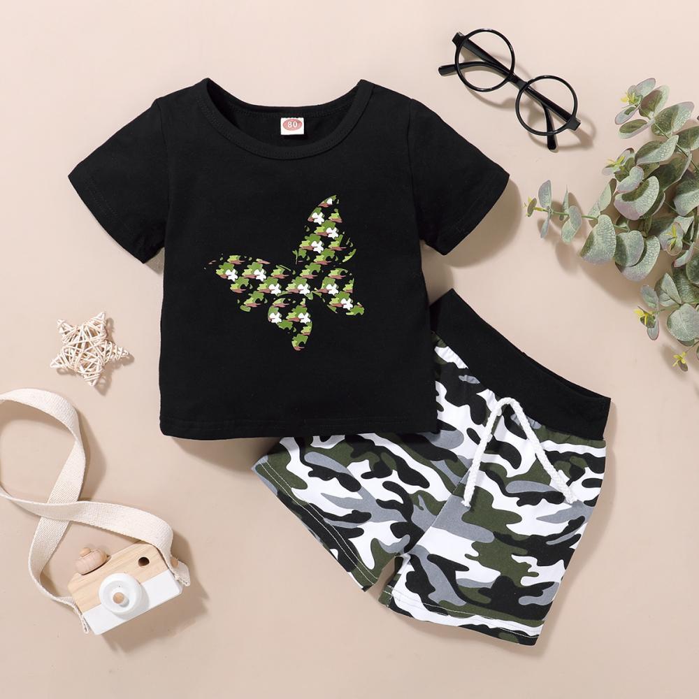 Boys Butterfly Print Round Neck Short Sleeve T-Shirt & Camouflage Shorts Wholesale Toddler Boy Clothing