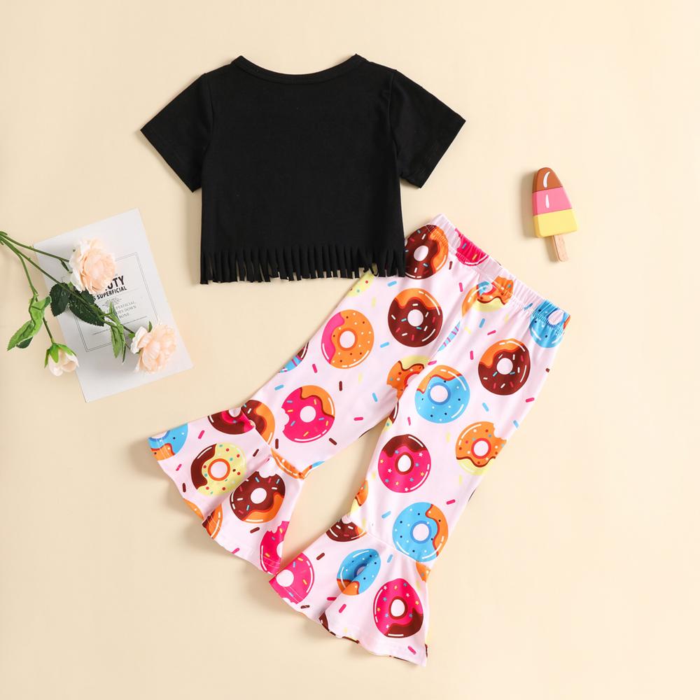 Toddler Girls Summer Cute Comfortable Black Tassel Top + Doughnut Printed Flared Pants Two-piece Set Wholesale Kids Clothing