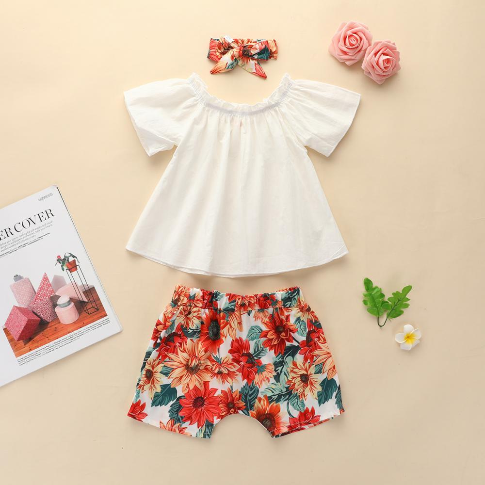 Girls Summer Girls' Sleeveless Solid Top & Floral Print Shorts & Headscarf Wholesale Girl Clothing