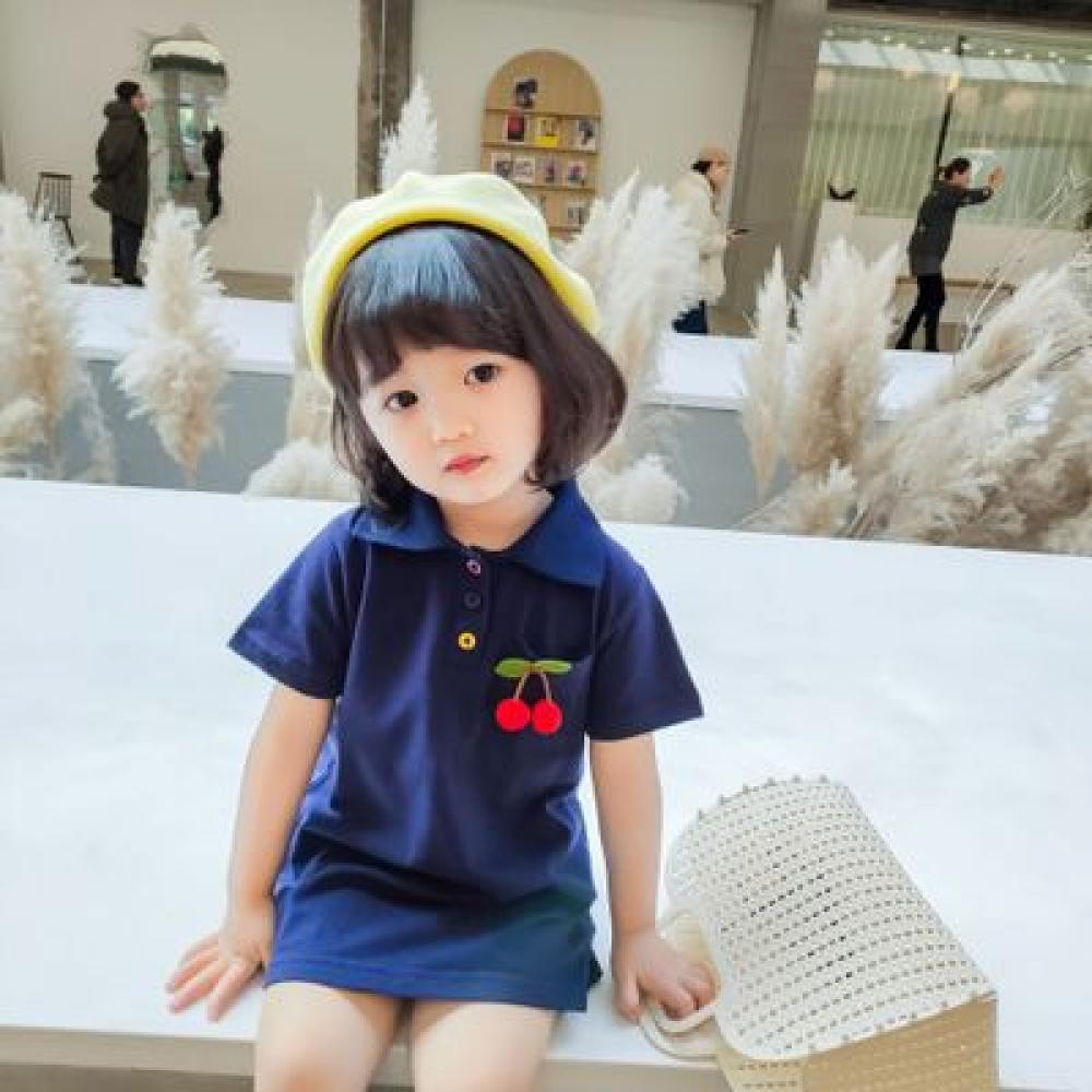 Girls Summer Girls' Cherry Embroidery Solid Short Sleeve Dress Girls Dress Wholesale