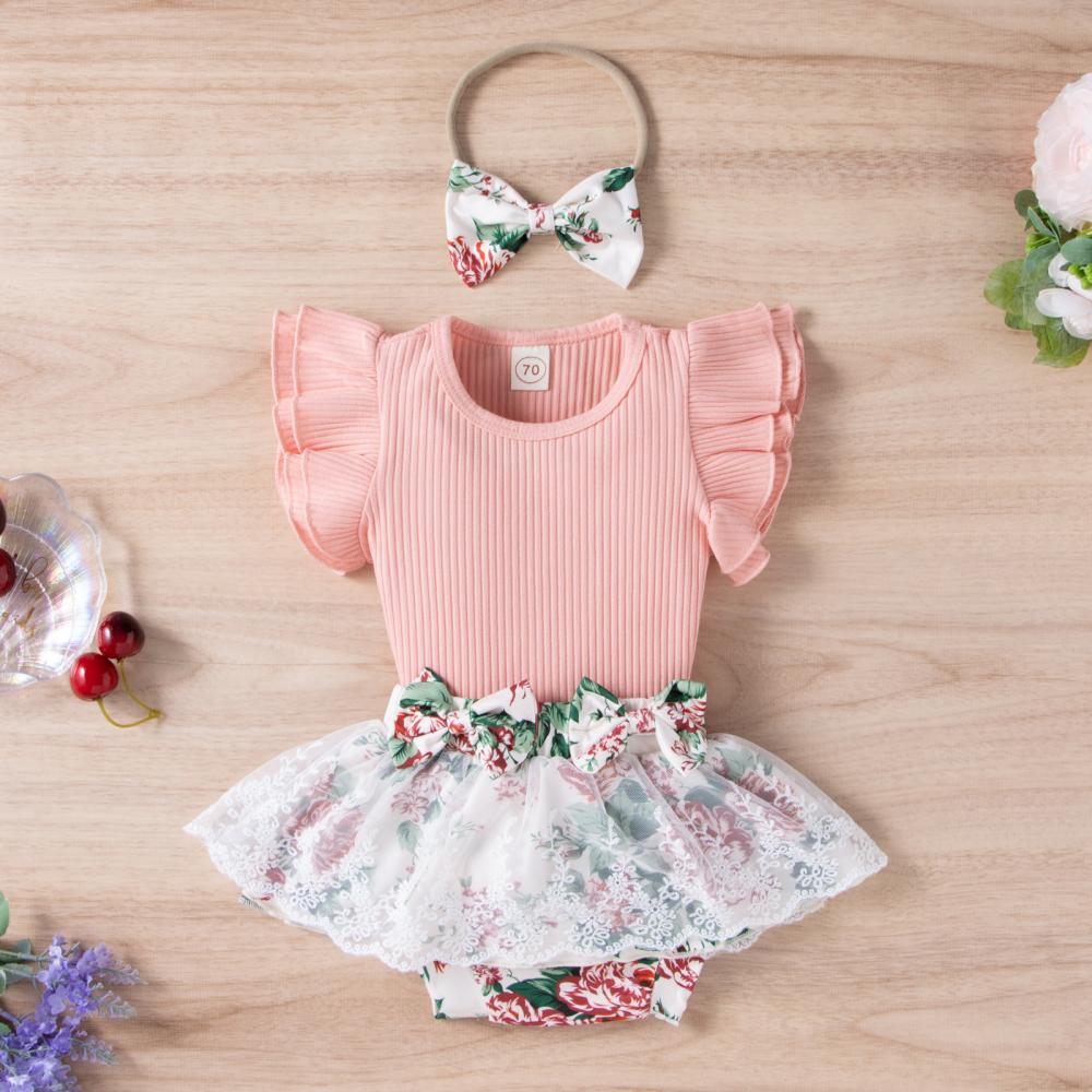 0~1Y New Pit Strip Flying Sleeve Floral Gauze Skirt Bag Fart Bow Jumpsuit Wholesale Baby Clothes