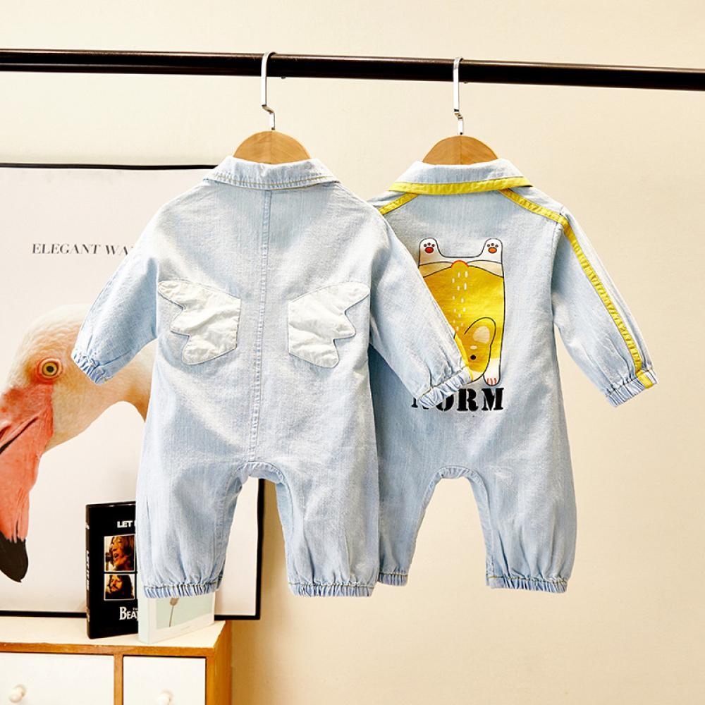 Baby Boys Autumn Cartoon Cute Soft Denim Jumpsuit Babywear Wholesale