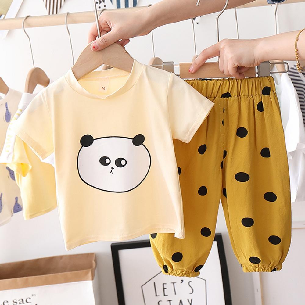 Bosy Summer Boys' Panda Print Round Neck Short Sleeve T-Shirt & Dot Print Pants Wholesale Boys Clothing