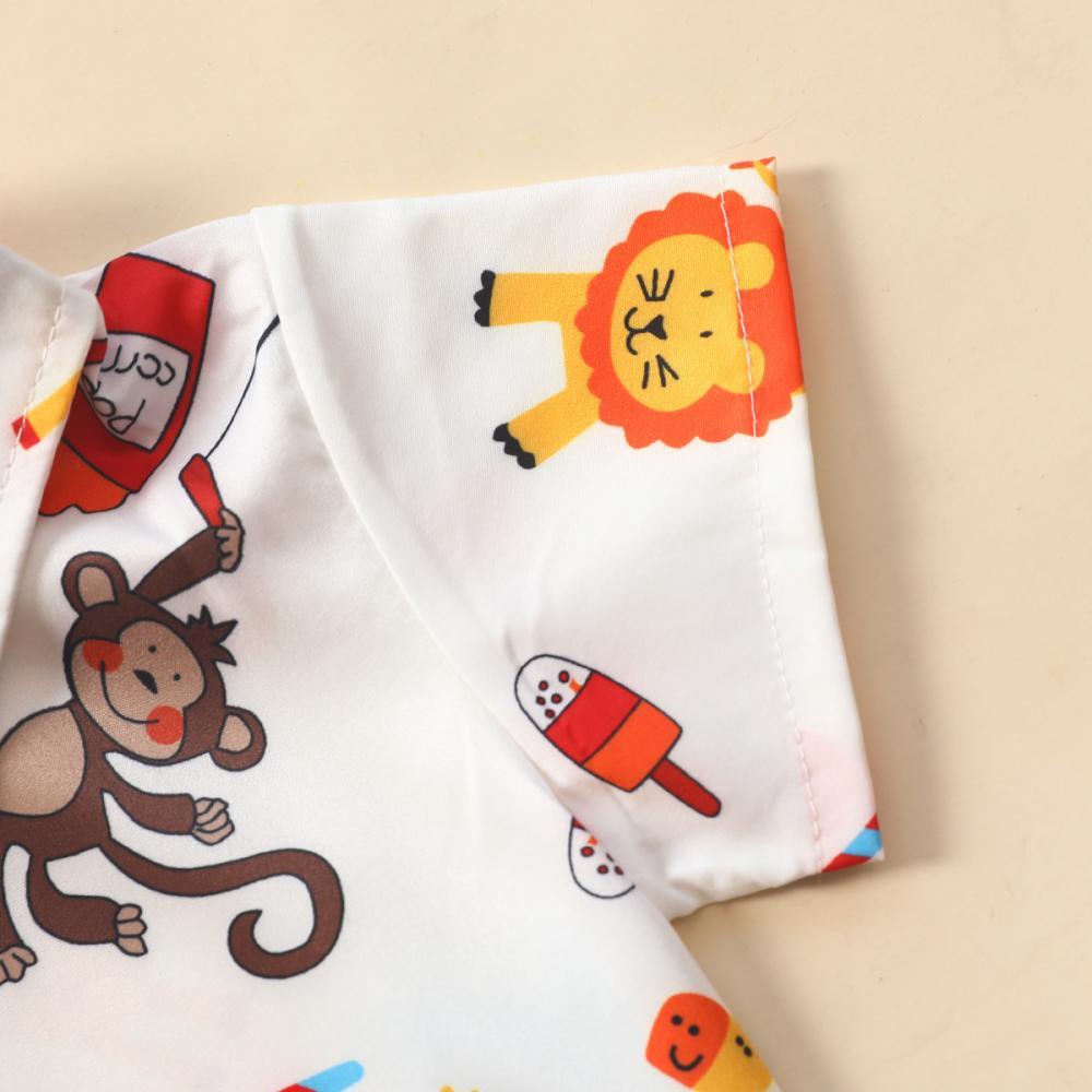 Boys Cartoon Animal Print Lapel Short Sleeve Shirt & Solid Shorts & Bow Tie Little Boy Boutique Wholesale
