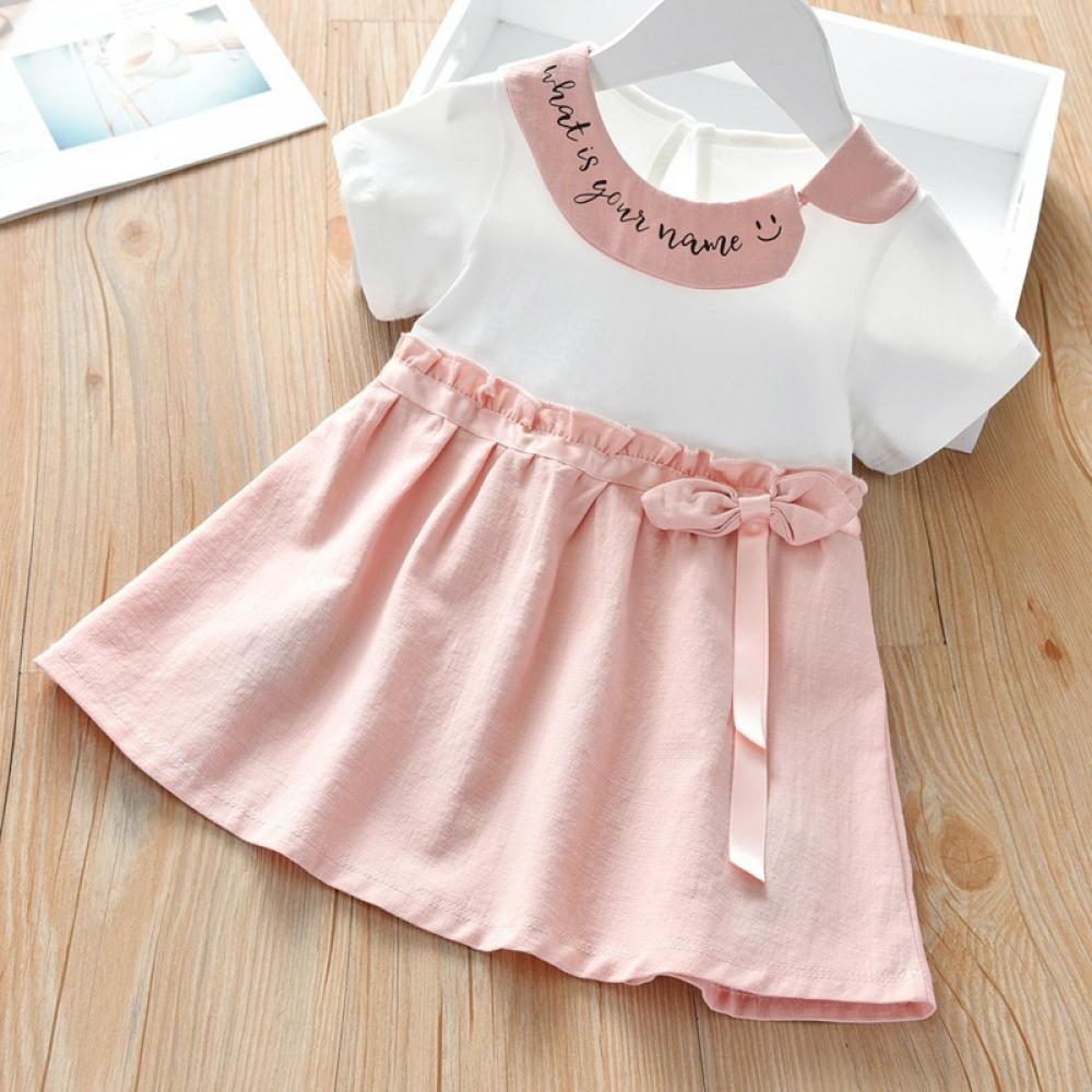 Girls Summer Girls' Letter Print Cartoon Color Matching Short Sleeve Princess Skirt Girls Dress Wholesale