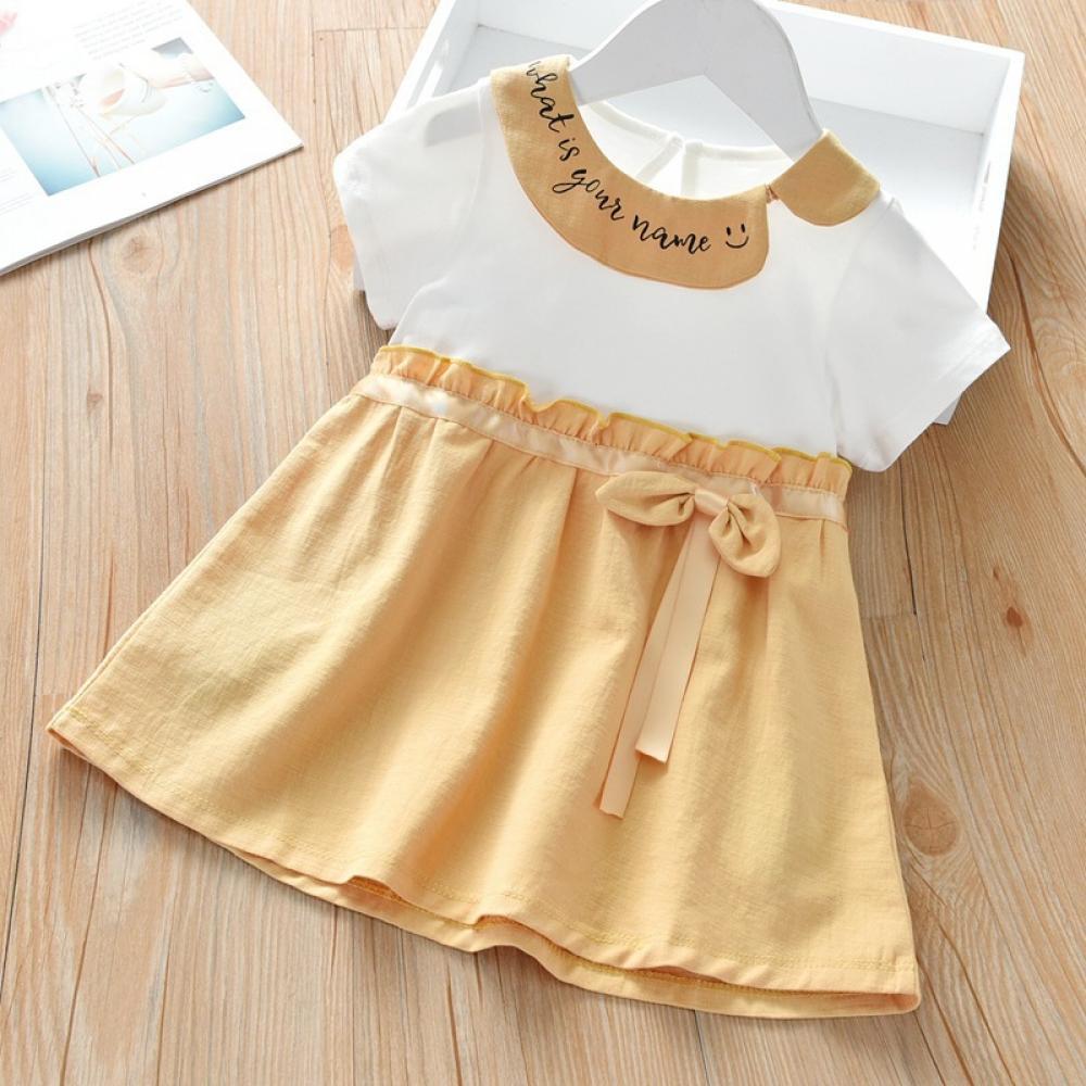 Girls Summer Girls' Letter Print Cartoon Color Matching Short Sleeve Princess Skirt Girls Dress Wholesale