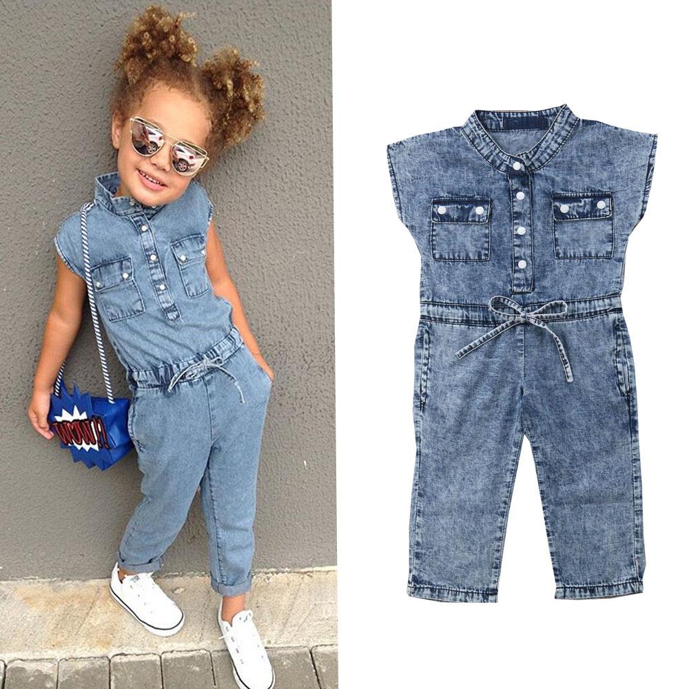 Toddler Girls Summer Fashional Comfortable Short-sleeve Thin Denim Jumpsuit Wholesale Kids Clothing USA