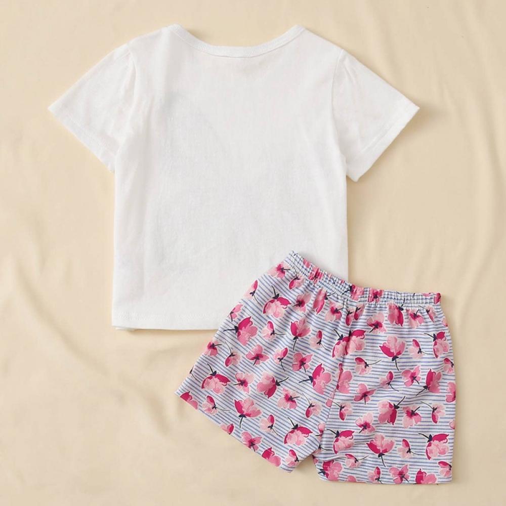Girls Butterfly Print Round Neck Short Sleeve T-Shirt & Flower Print Shorts Baby Girl Clothes Wholesale