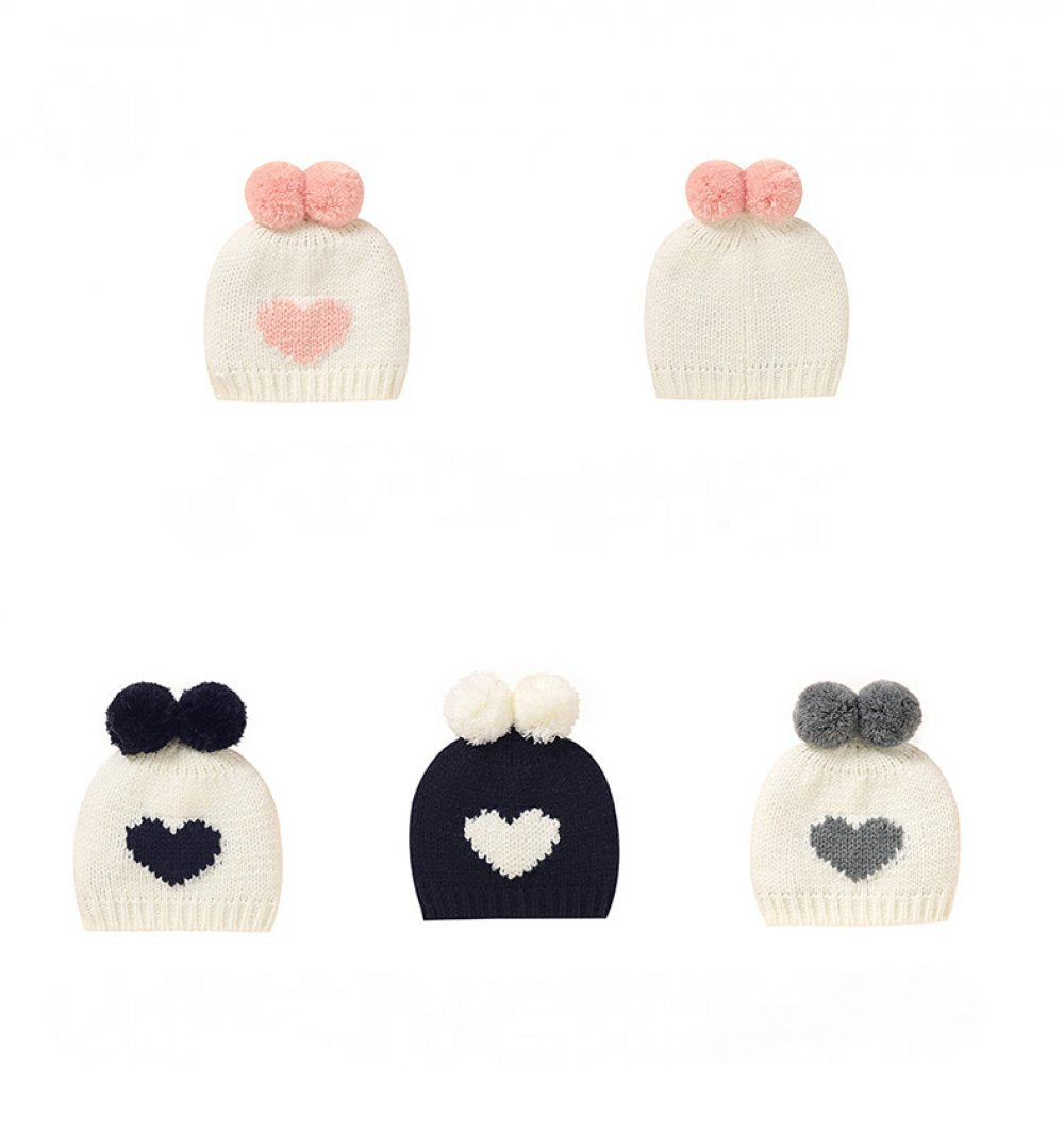 Baby Winter Heart-Shaped Pattern Wool Ball Knitted Warm Hat Baby Wholesales