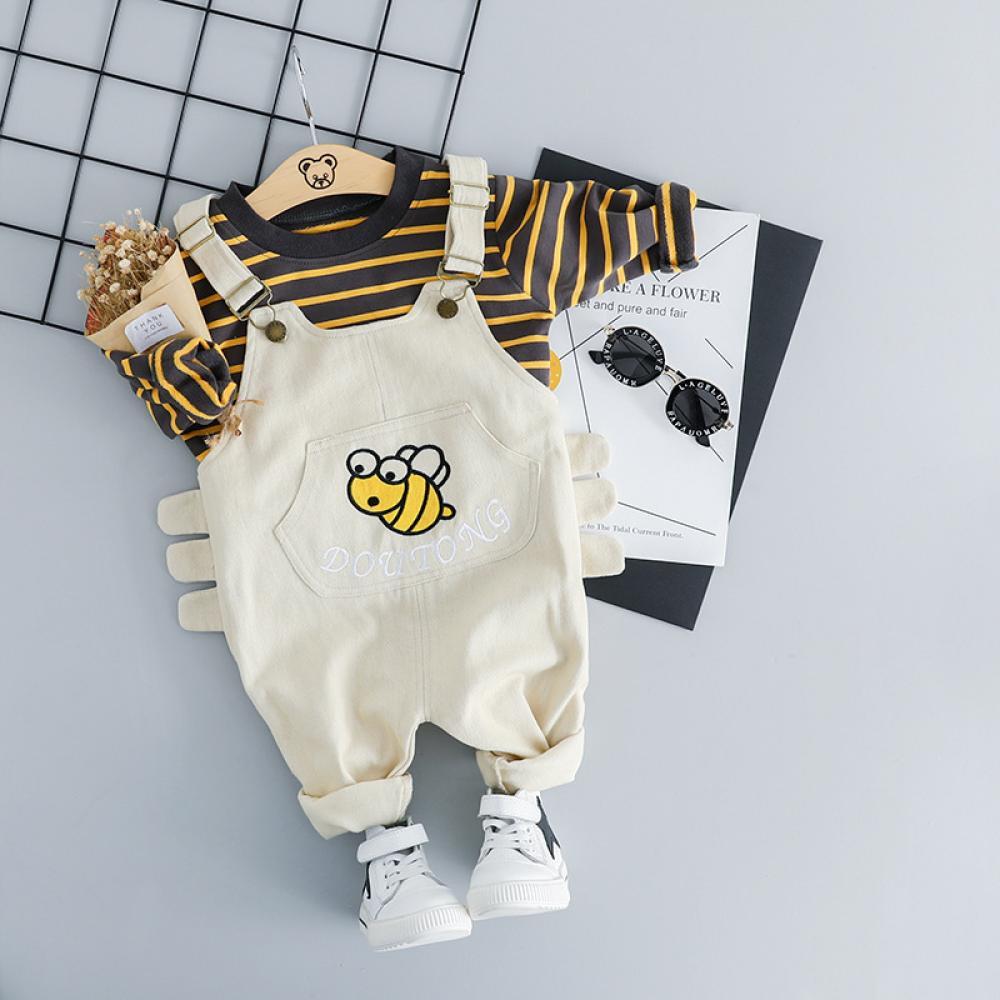 MOQ 3PCS Boys Spring/Autumn Round Collar Striped Top Suspender Pants Set Baby Wholesales