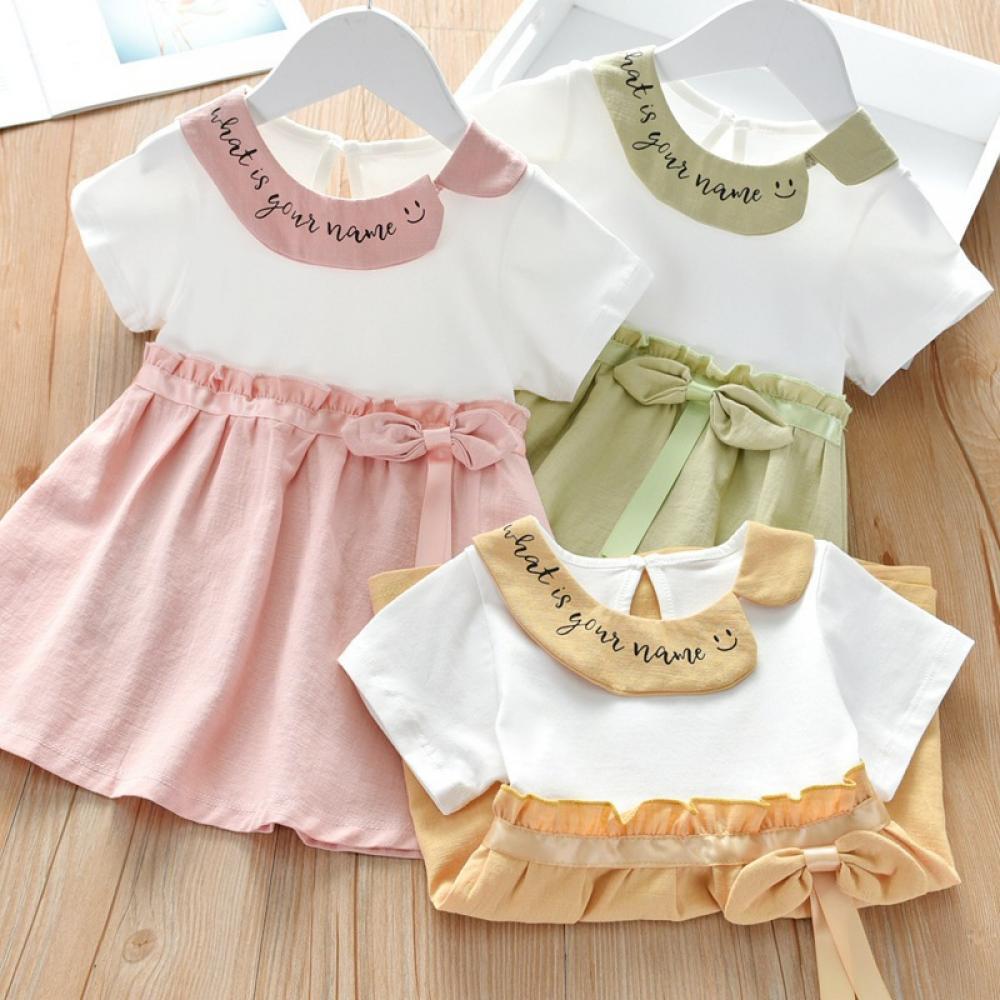 Girls Summer Girls' Letter Print Cartoon Color Matching Short Sleeve Princess Skirt Girls Dress Wholesale