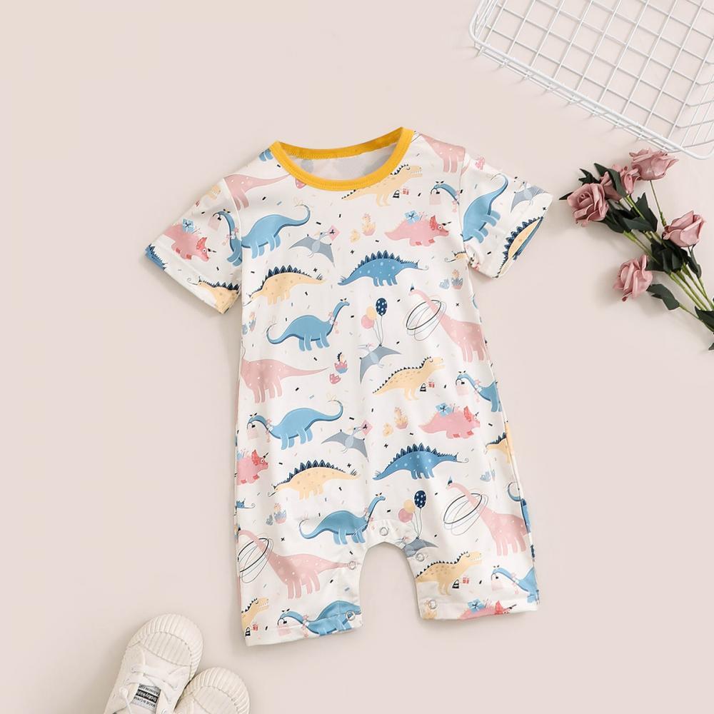 Bosy Summer Baby Boy Cartoon Dinosaur Print Short Sleeve Jumpsuit Wholesale Clothing Baby