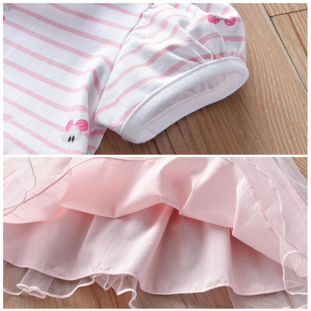 Girls Summer Girls' Striped Short Sleeve Mesh Stitched Dress Girls Clothing Wholesalers