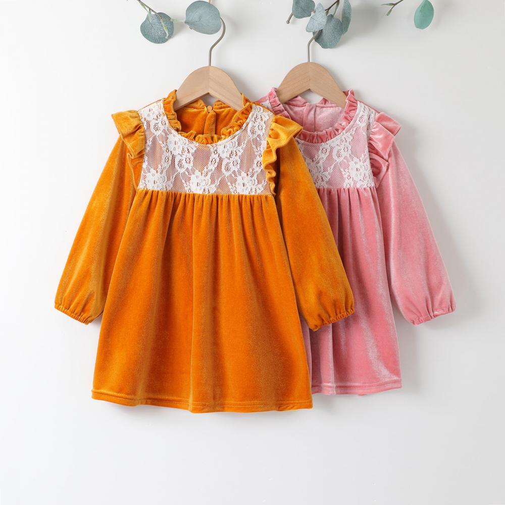 MOQ 3PCS Girls Plush Lace Bubble Long-sleeve Princess Dress Wholesale Clothing For Girls