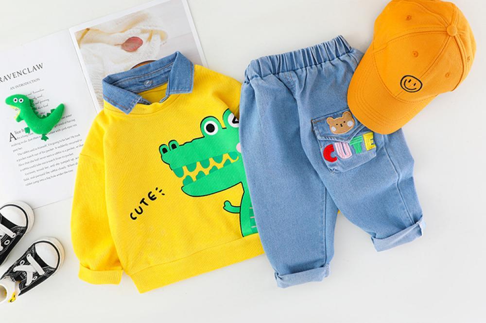 Boys Long Sleeve Cartoon Lapel Hoodie Trousers Set Baby Wholesales