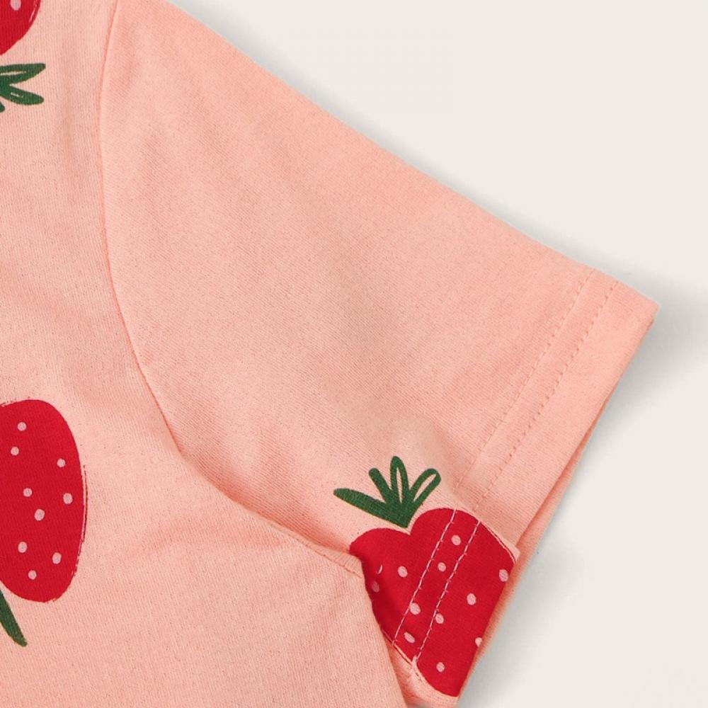 Girls' Strawberry Print Round Neck Short Sleeve Dress Wholesale Girl Clothing