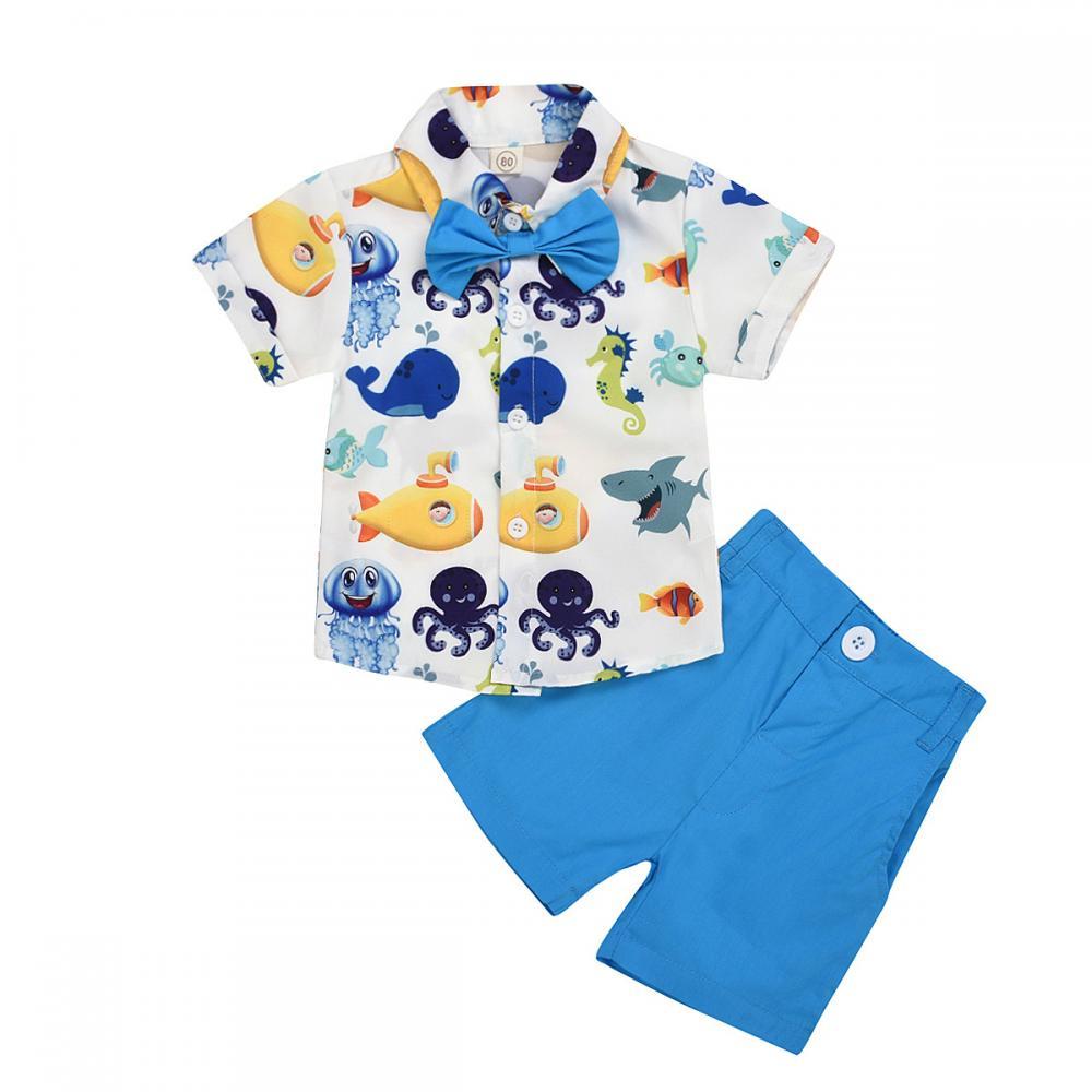 Boys Cartoon Animal Print Lapel Short Sleeve Shirt & Shorts Wholesale Boys Clothing