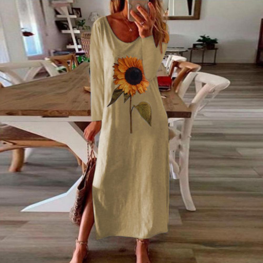 Women Dress Long Sleeve Sunflower T-shirt Dress 5XL