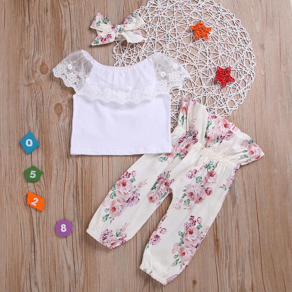 Girls Summer Girls' Lace Top & Scarf & Printed Pants Three Piece Set Baby Wholesale Clothing
