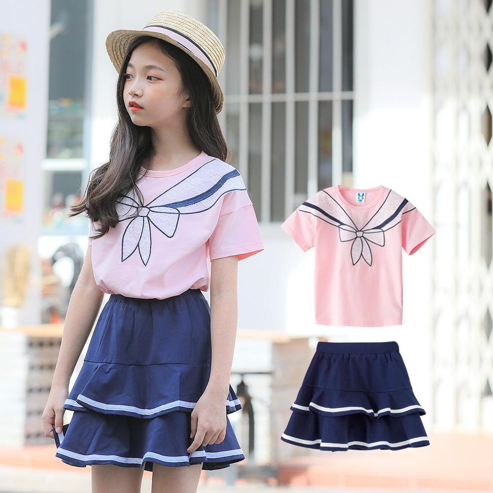 Girls Summer Girls College Solid Short Sleeve Top & Skirt Wholesale Girl Clothing