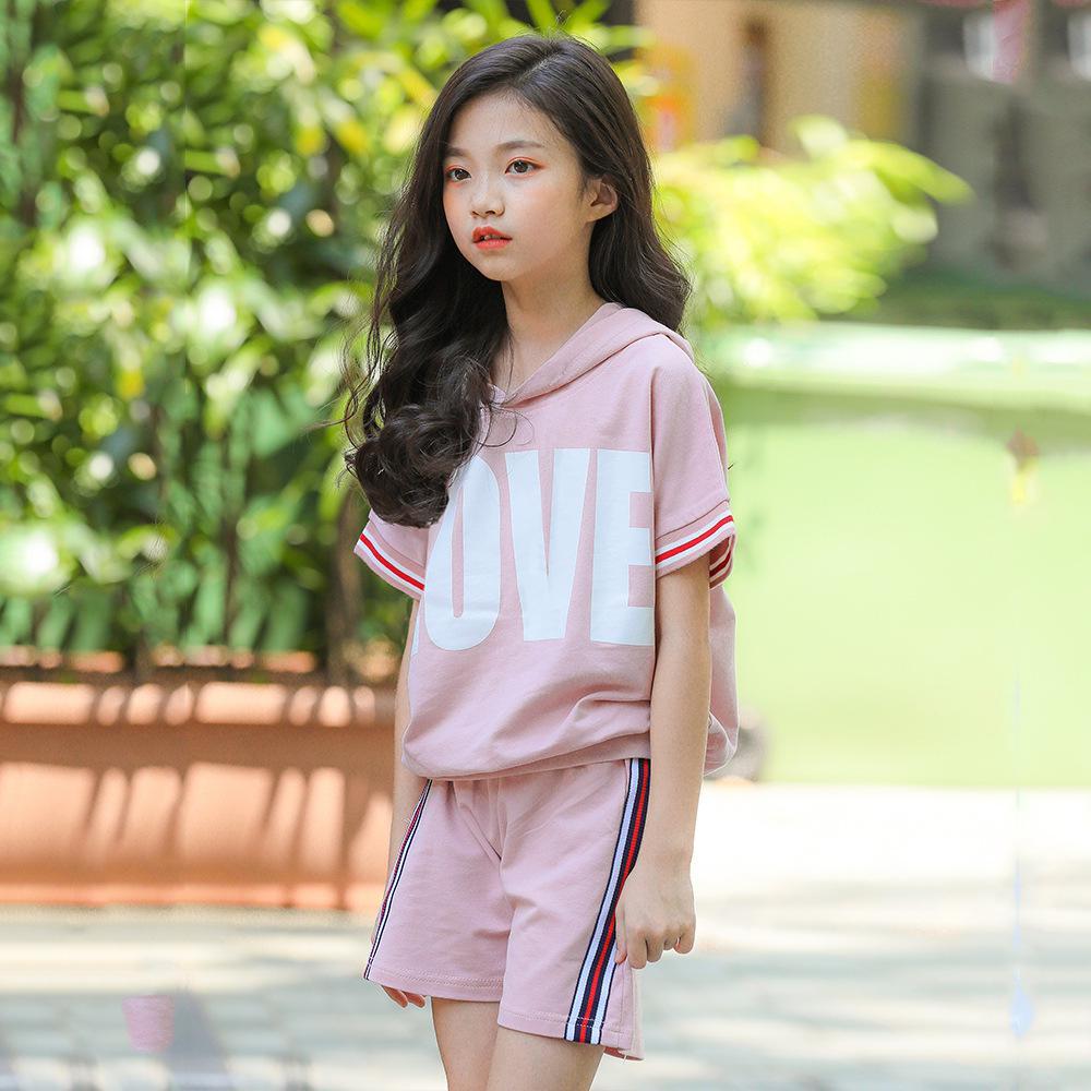 Girls Summer Girls' Lettered Print Hooded Short Sleeve Top & Shorts Girls Wholesale Dresses