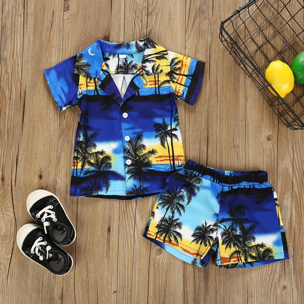 Boys Summer Boys' Beach Scenery Print Lapel Shirt & Shorts Wholesale Boy Boutique Clothing