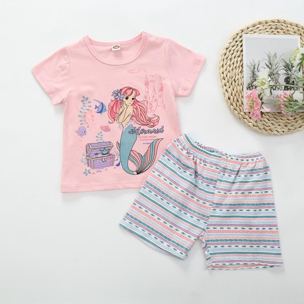 Girls Summer Girls Mermaid Print Short Sleeve T-Shirt & Pants Girls Clothes Wholesale